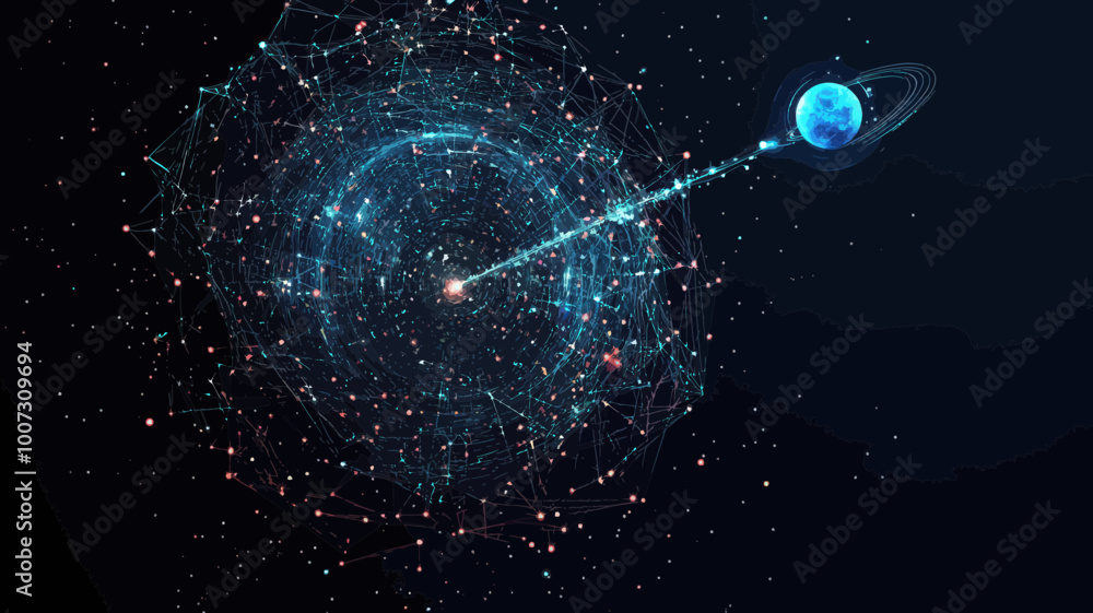 Poster abstract target in starry sky with planets and universes in flat minimalist vector - points, lines, 