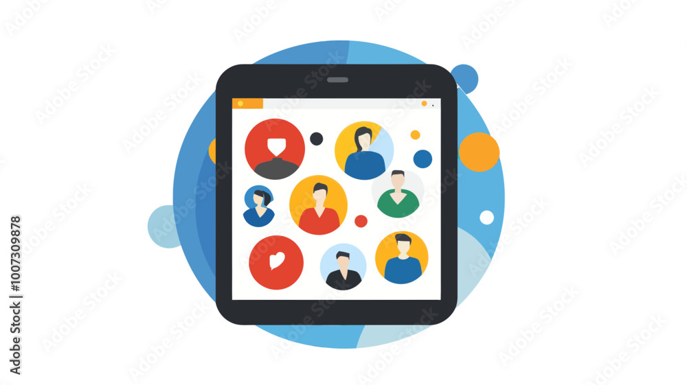 Poster digital social networking concept with diverse avatars in flat design on tablet screen - online soci