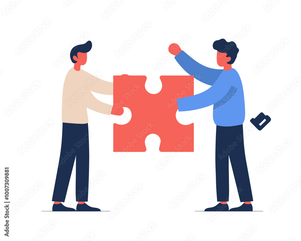 Poster team integration and problem solving concept with hr connecting new joiner to team through puzzle pi