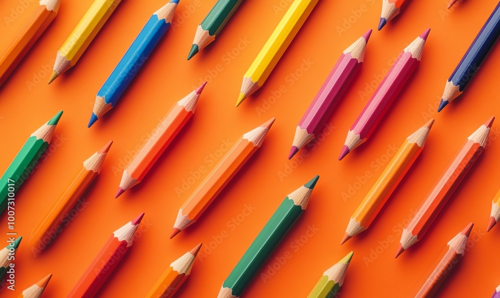Poster a variety of colorful pencils neatly arranged in the form of a bright pattern on an orange backgroun