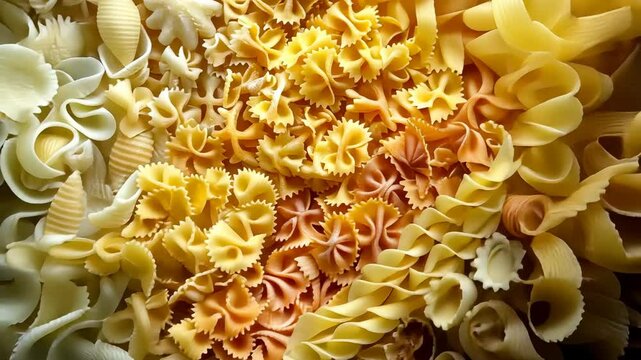A close-up view of different shapes of pasta, including bowties, shells, and twists