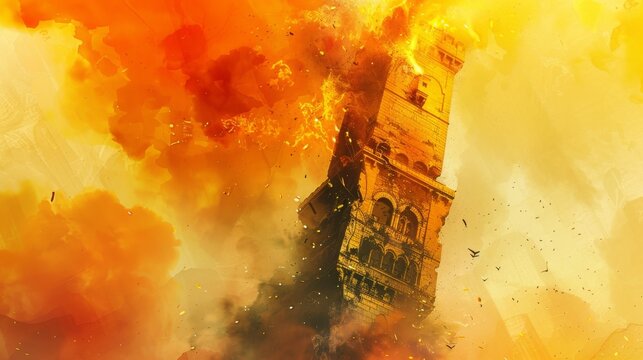A vibrant illustration featuring a clock tower surrounded by explosive orange and yellow hues, suggesting a dynamic or catastrophic event
