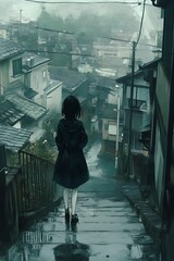 Anime Girl Walking Alone in Rainy City Street