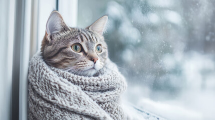 Cozy cat wrapped in warm knitted blanket, looking out a window during winter season, winter warmth concept