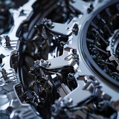 Fototapeta premium Intricate metallic gears interlock in a complex machinery arrangement