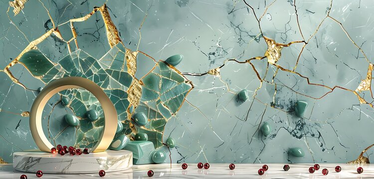 Cracked surface with embedded jade stones and abstract golden patterns, adorned with scattered garnet stones and a modern sculpture on a marble pedestal in an upscale