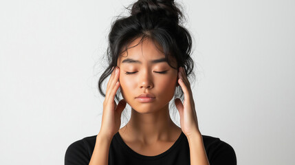 Naklejka premium Serene Woman Meditating with Closed Eyes, Black Hair Bun, Peaceful Mindfulness, Inner Calm Focus, Meditation Concept