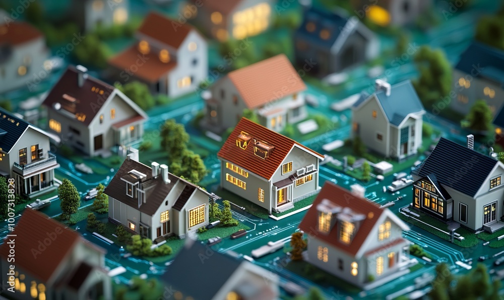 Aufkleber an abstract digital representation showing a network of miniature houses interconnected by electroni