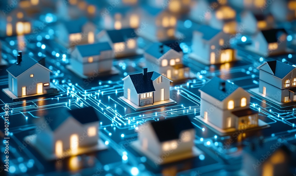 Poster an abstract digital representation showing a network of miniature houses interconnected by electroni