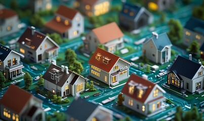 An abstract digital representation showing a network of miniature houses interconnected by electronic circuits, symbolizing modern connected living