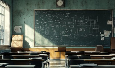 An empty classroom setting is portrayed, with a prominent blackboard full of math equations and diagrams, indicative of a recent intense study or teaching session