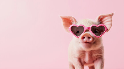 Cute piglet wearing heart-shaped sunglasses on pink background, showcasing adorable fashion, animal style concept