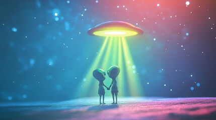 Obraz premium Mystical scene with two aliens under glowing UFO spaceship in outer space, vibrant cosmic lights, night sky atmosphere concept