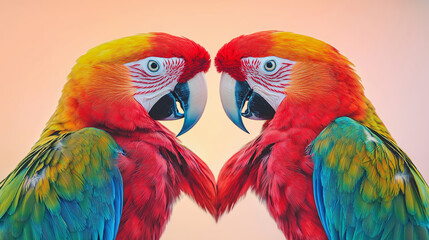 Colorful macaws facing each other, vibrant rainbow plumage in tropical birds, nature wildlife concept