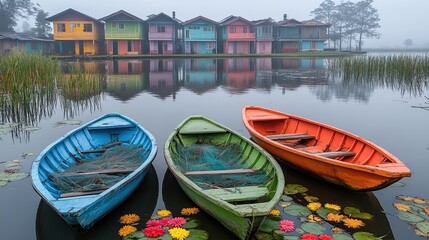 Obraz premium Colorful boats by a misty lakeside village.