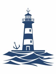 A flat-style vector logo featuring an anchor and lighthouse, beautifully designed with ocean waves and seagulls in a soothing blue tone.