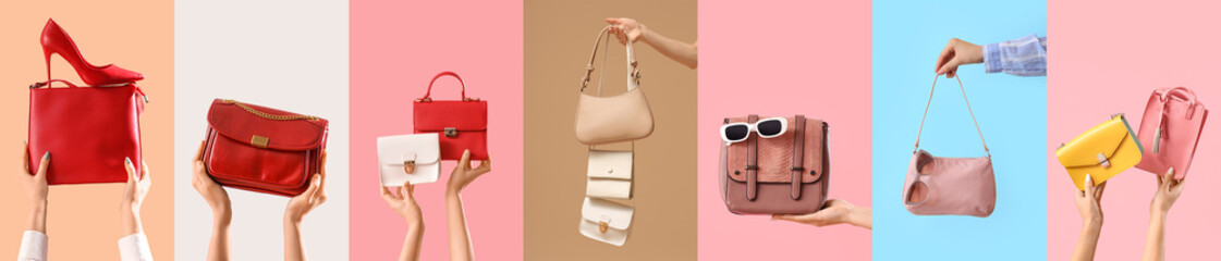 Many women's hands with stylish bags and accessories on color background