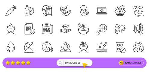 Strong arm, Stress and Mental health line icons for web app. Pack of Medical tablet, Beach umbrella, Spf protection pictogram icons. Face biometrics, Anxiety, Problem skin signs. Search bar. Vector