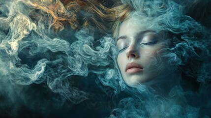 A woman's face obscured by swirling blue smoke