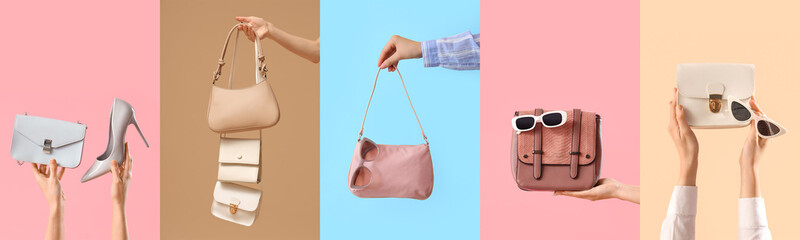 Many women's hands with stylish bags and accessories on color background