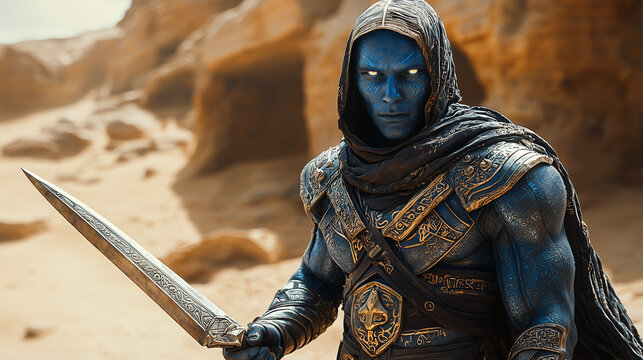 stealthy djinn scout with hood in desert, his blue eyes piercing the horizon