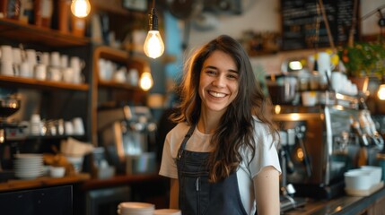 Young barista smiles warmly while serving customers in a cozy café during afternoon hours