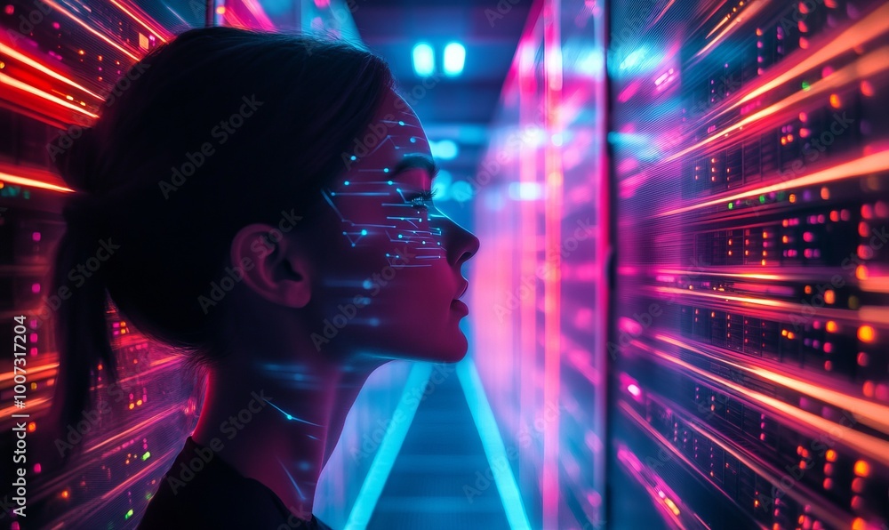 Poster a mesmerizing image featuring a person in a server room lit by neon lights with a face blurred sugge
