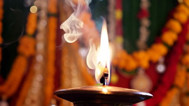 Burning traditional Diwali diya oil lamp on blurred Indian garland toran footage. Deepavali still life holidays decor. Pongal, Ugadi, Gudi Padwa video postcard. Hindu festival of lights animation.
