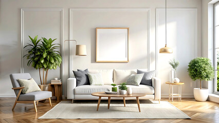 Elegant living room with a sleek white armchair, a beautiful indoor plant, and a clean, neutral background wall for a mock-up display, 3D render.