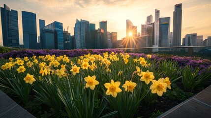 Singapore Skyline with Flowers