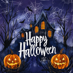 Fototapeta premium Scary haunted house with text Happy Halloween. Orange yellow and purple copy space Halloween banner for October 31 party invitation