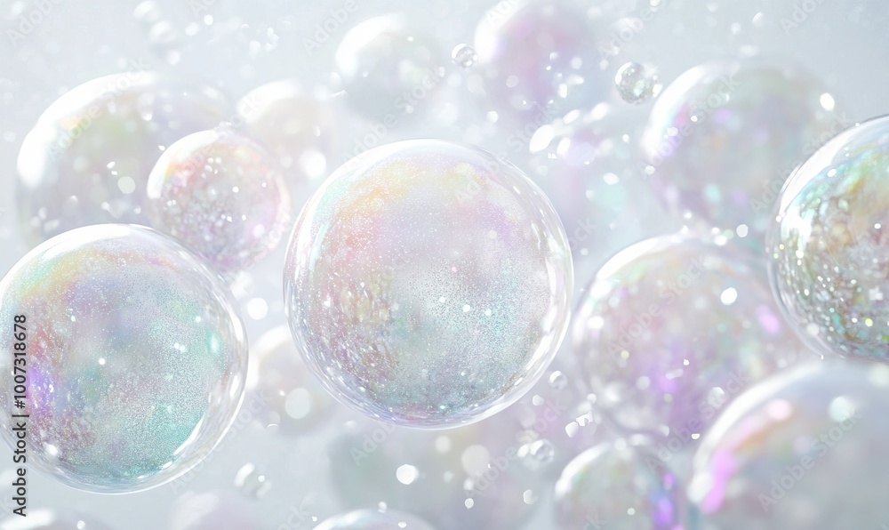 Poster circular patterns in soft pastel colors with hints of glitter, resembling abstract snow globes float
