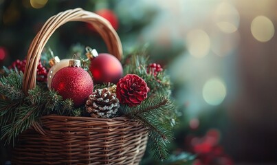 Christmas decorations in a basket. Composition with Christmas tree decorations.