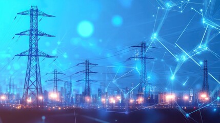 Power Lines and Cityscape with Blue Glow