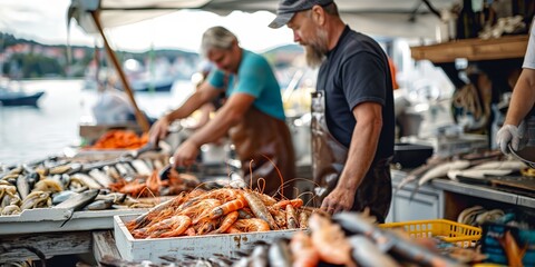 A busy fish market in Sweden with fishmongers selling fresh seafood like prawns and mussels, showcasing the vibrant local culture by the waterfront