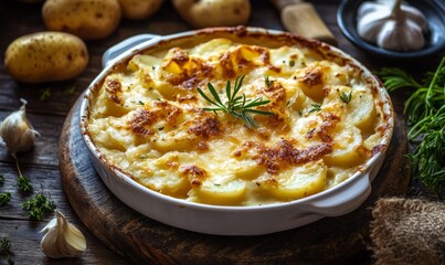 Potato casserole - grated baked potatoes with cream and cheese