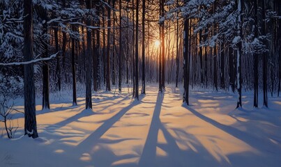 Quiet winter forest at dusk, with the last rays of sunlight peeking through the branches, casting long shadows on the untouched snow