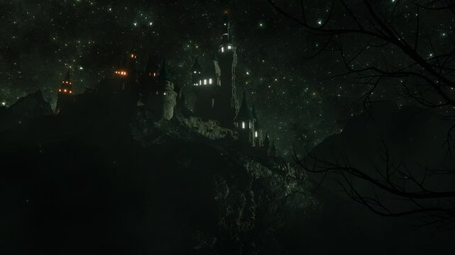 Spooky Castle in a Foggy Night - Loop - Fantasy Landscape Background V3