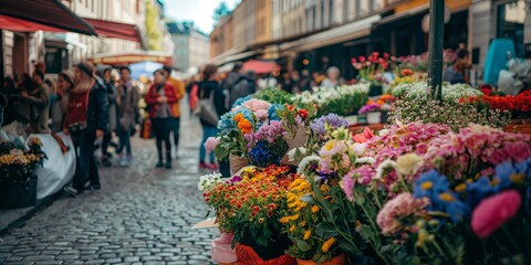 Obraz premium Beautiful flower bouquets on a cobblestone street in Sweden, with people browsing market stalls in the background. A vibrant and colorful local market scene.