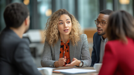 A diverse group of professionals engaged in an office meeting. The central focus is on a young businesswoman with curly hair. Collaborative and dynamic work environment.Teamwork, leadership 
