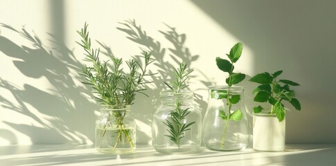 Herbs in glass jars on a sunlit windowsill create a tranquil setting. Glass jars with various herbs bask in soft sunlight on a white surface.