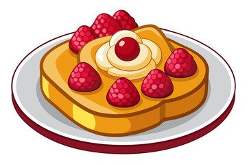 French toast with raspberries maple syrup and butter on white board, cake with strawberries