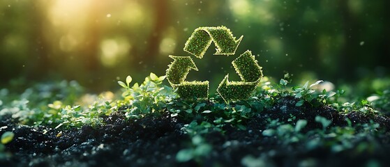 Green Recycling Symbol in Nature with Bokeh Background