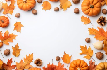 Fototapeta premium Autumn-themed border with pumpkins, leaves, and acorns on a white background. 
