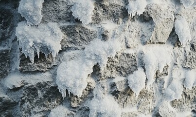 Rough texture of a stone wall covered in frost, with ice crystals forming on the uneven surface