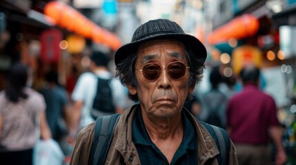 Fototapeta premium Asian older man looking at camera while walking on a street