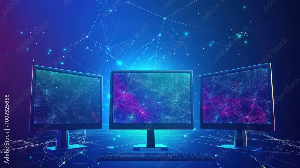 Poster three monitors with abstract network background