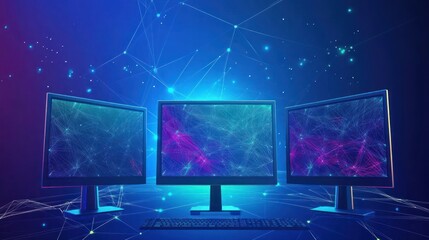 Three Monitors with Abstract Network Background
