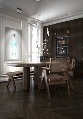 Modern kitchen style concept with a dinner table..