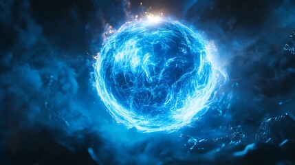 Abstract blue energy sphere with glowing light and particles, 3D animation effect
